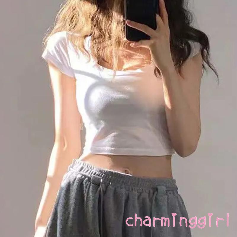 Áo Croptop Tay Ngắn Cổ Chữ U Màu Sắc Trơn Thời Trang Dành Cho Nữ