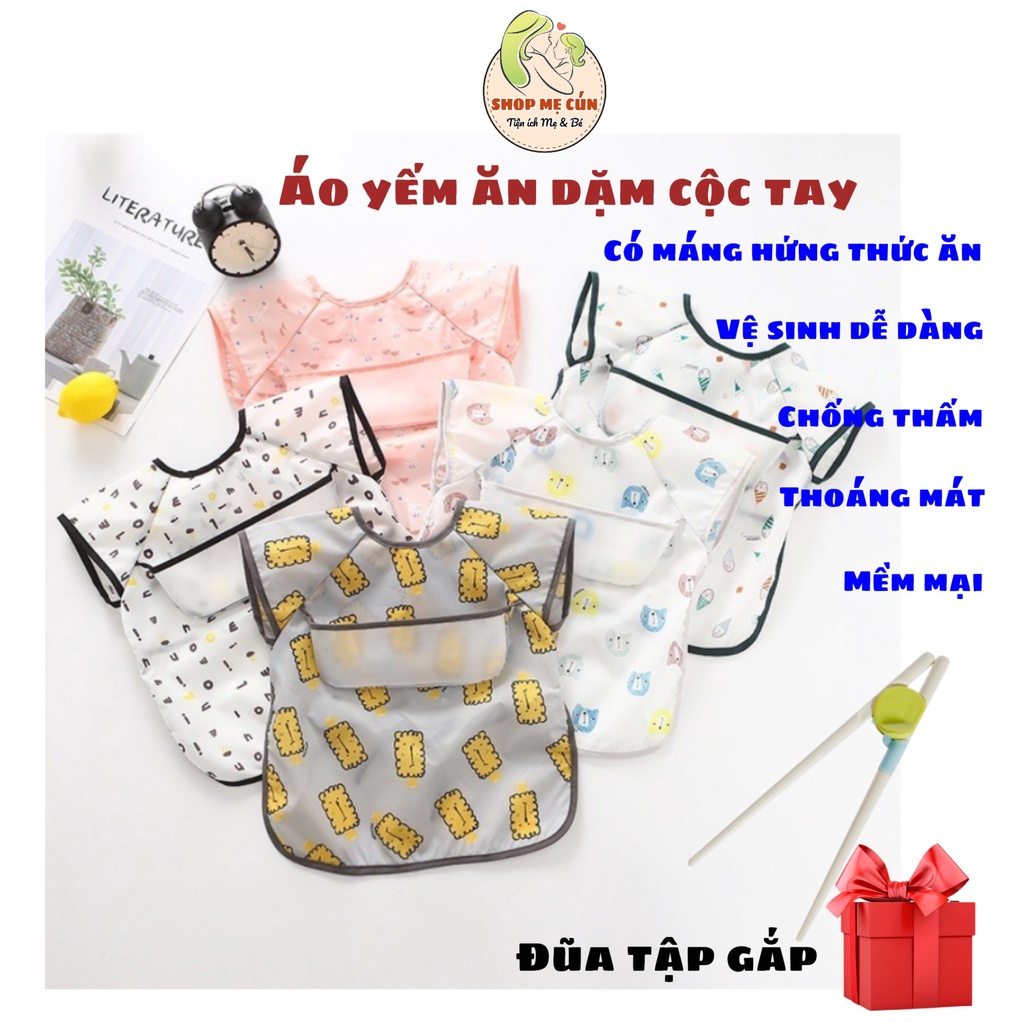 Áo yếm ăn dặm cho bé cộc tay có máng hứng thức ăn, không thấm nước kiểu dáng Hàn Quốc cao cấp