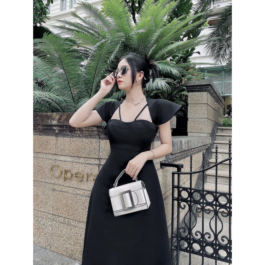 Đầm midi đen thiết kế dáng xòe, hở lưng sang chảnh