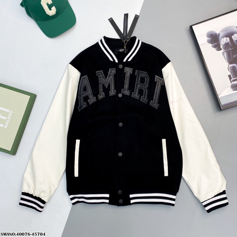 Áo khoác nỉ bomber thu đông dài tay nam nữ Amiri tay phối da siêu cấp, áo khoác nỉ siêu cấp nam 4 size S, M, L, XL