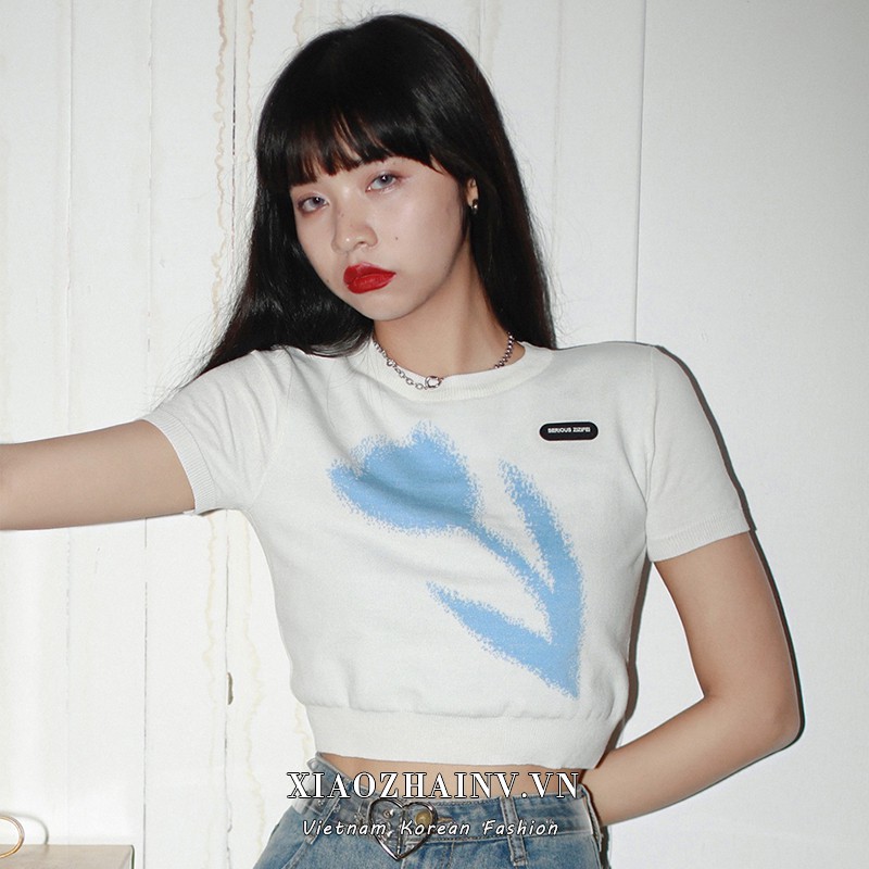 Áo croptop XIAOZHAINV dệt kim tay ngắn hoạ tiết hoa nữ tính thời trang