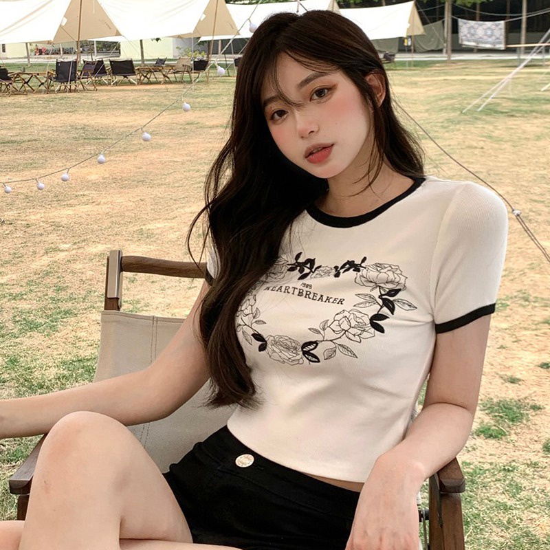 Áo Thun Lửng Tay Ngắn Cổ Tròn In Họa Tiết Dành Cho Nữ