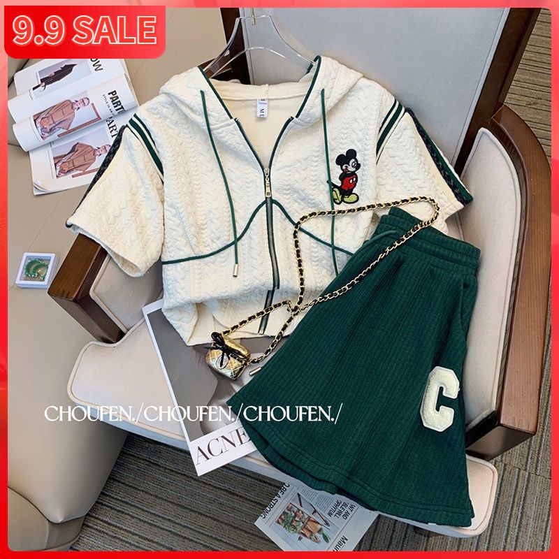 Set áo tay ngắn có mũ trùm đầu phối dây kéo + quần short dáng rộng phong cách thời trang mùa hè cho nữ