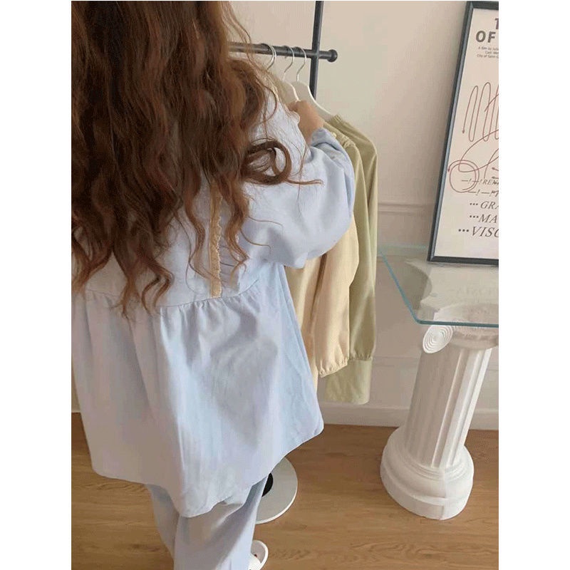Bộ Đồ Ngủ Pijama Tay Dài Form Rộng Màu Sắc Trơn Thời Trang Mùa Thu Cho Nữ