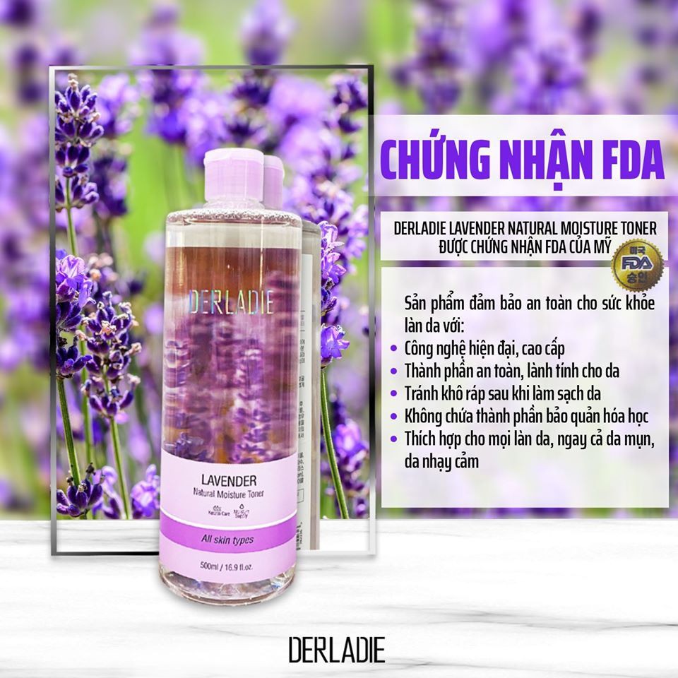 Nước Hoa Hồng Hỗ Trợ Giảm Mụn Chiết Xuất Hoa Lavender Derladie Lavender Natural Moisture Toner 500ml