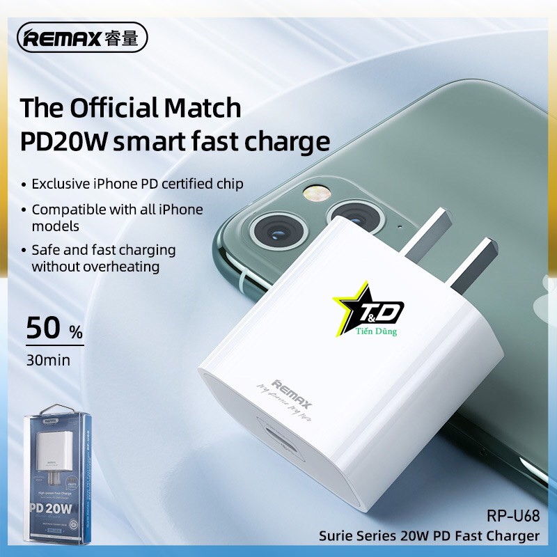 Củ sạc nhanh Type C 20W siêu nhanh Remax RP-U68
