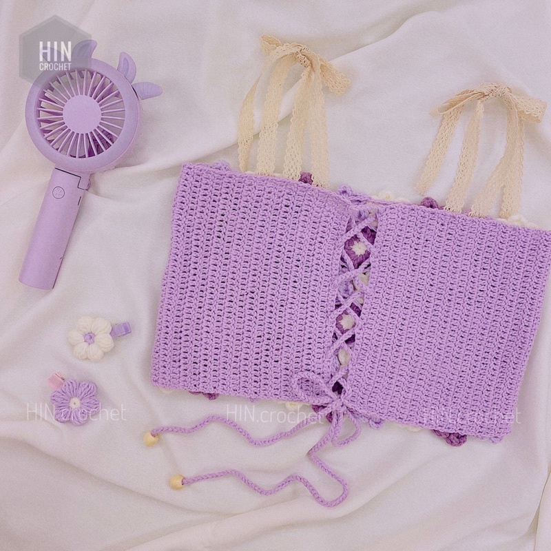 Croptop flower - Áo hoa len đan móc tím pastel