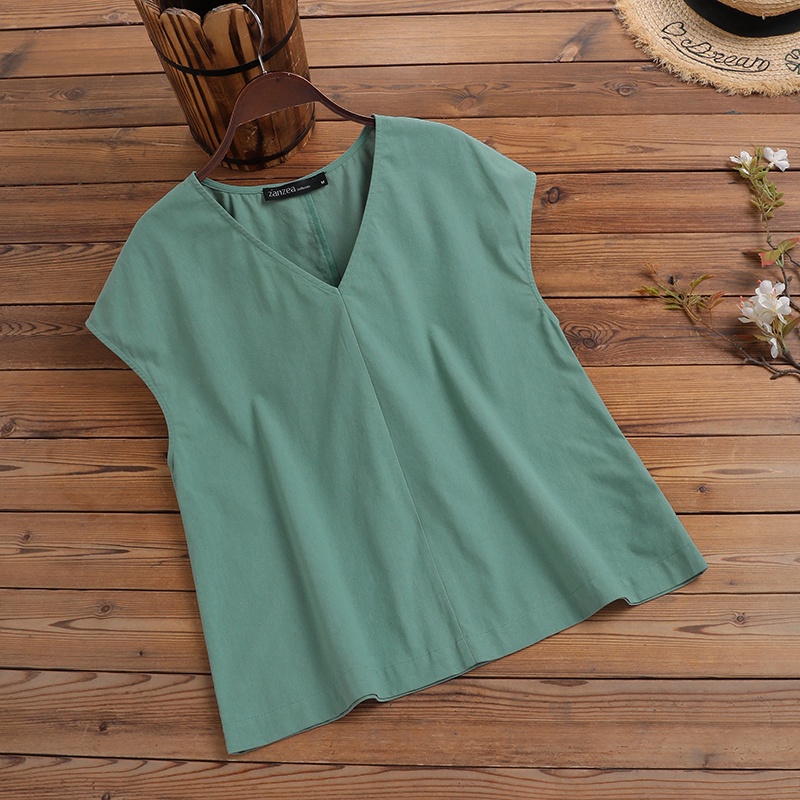 Áo kiểu ZANZEA cho tay dài cổ chữ V màu trơn phong cách cổ điển