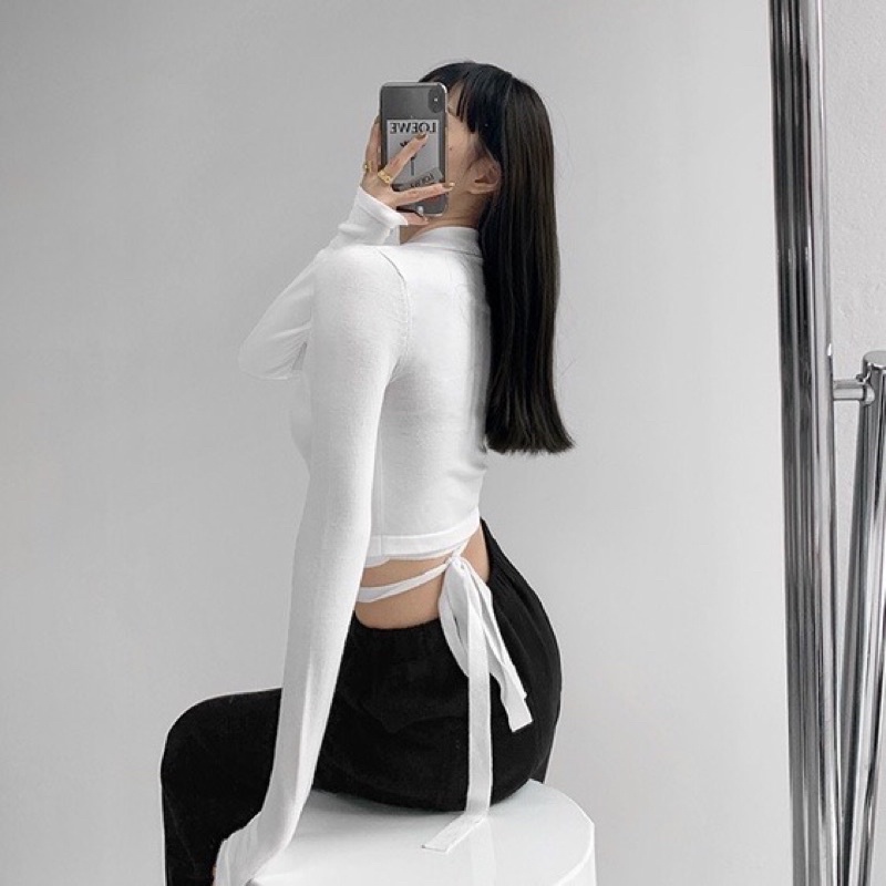 Áo len nữ dệt kim dài tay croptop cổ bẻ xẻ V dây buộc dây hot hit
