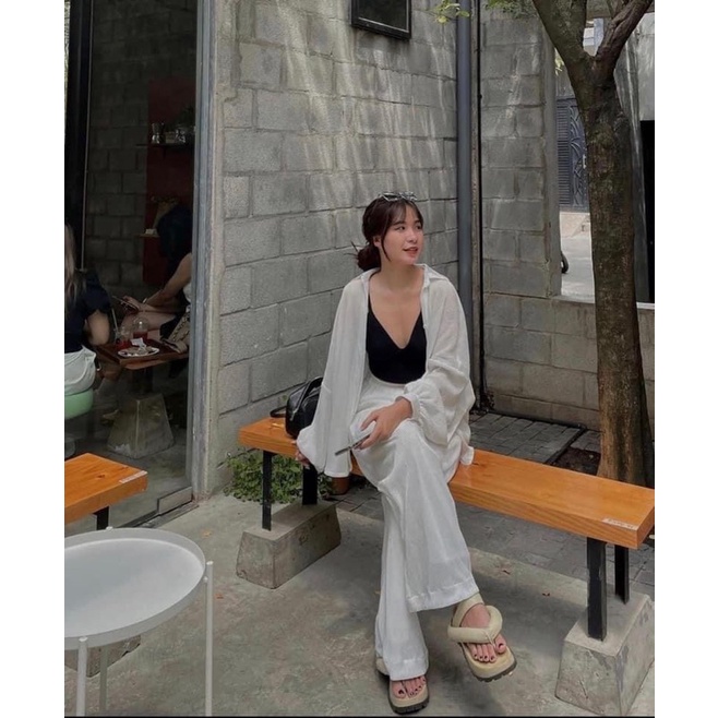 SET 3 MÓN DẬP LY: KHOÁC SƠ MI TRẮNG + ÁO 2S ĐEN + QUẦN SUÔNG DẬP LY🤍