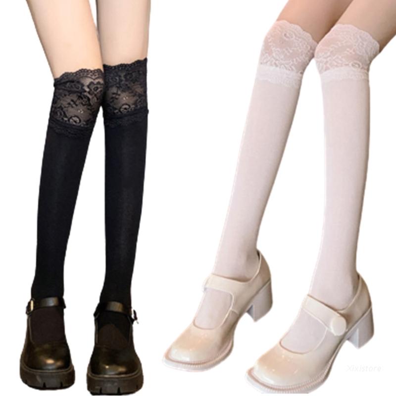 Tất dài qua gối phối ren hoa phong cách harajuku cho nữ
