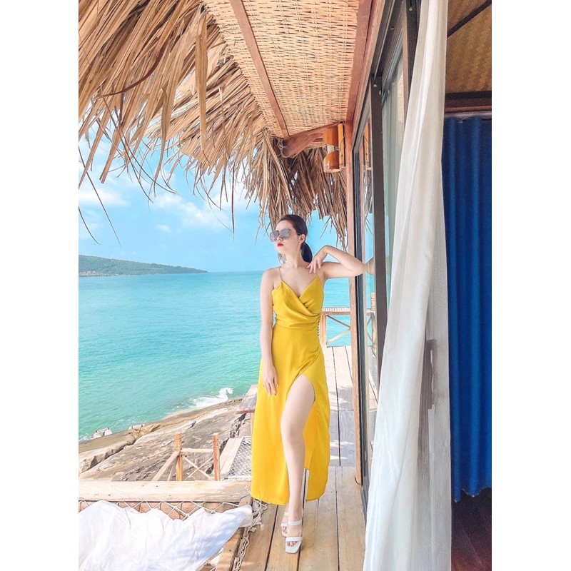 ⚡️BÁN SỈ⚡️Đầm maxi xẻ đùi cúc bọc 1 bên có 4 màu lụa sần