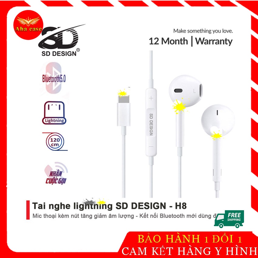 Tai Nghe H8 SD Chân Dẹt - Tai nghe phù hợp 7/8/Plus/Xr/x/xsmax/11/12/Pro Max - Kết nối bluetooth để nghe - BH 12 tháng