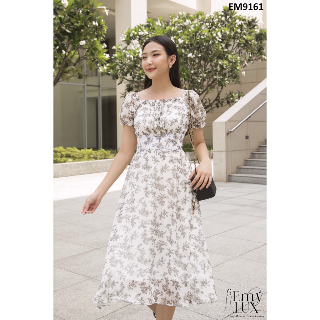 Váy EMY EM9161 Xòe Midi Hoa Peony Không Túi