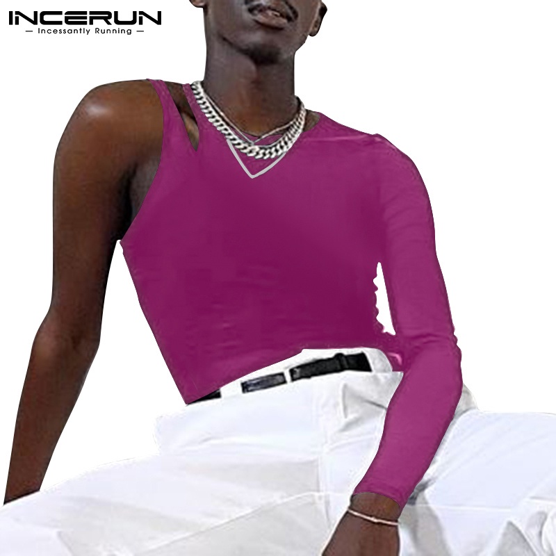 Áo kiểu INCERUN thiết kế lệch một bên vai màu trơn gợi cảm thời trang dành cho nam