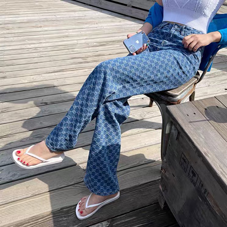 Quần LV-GCC - Quần Jean Nữ Cạp Cao Ống Suông Rộng In Họa Tiết Hotrend 2022 | BigBuy360 - bigbuy360.vn