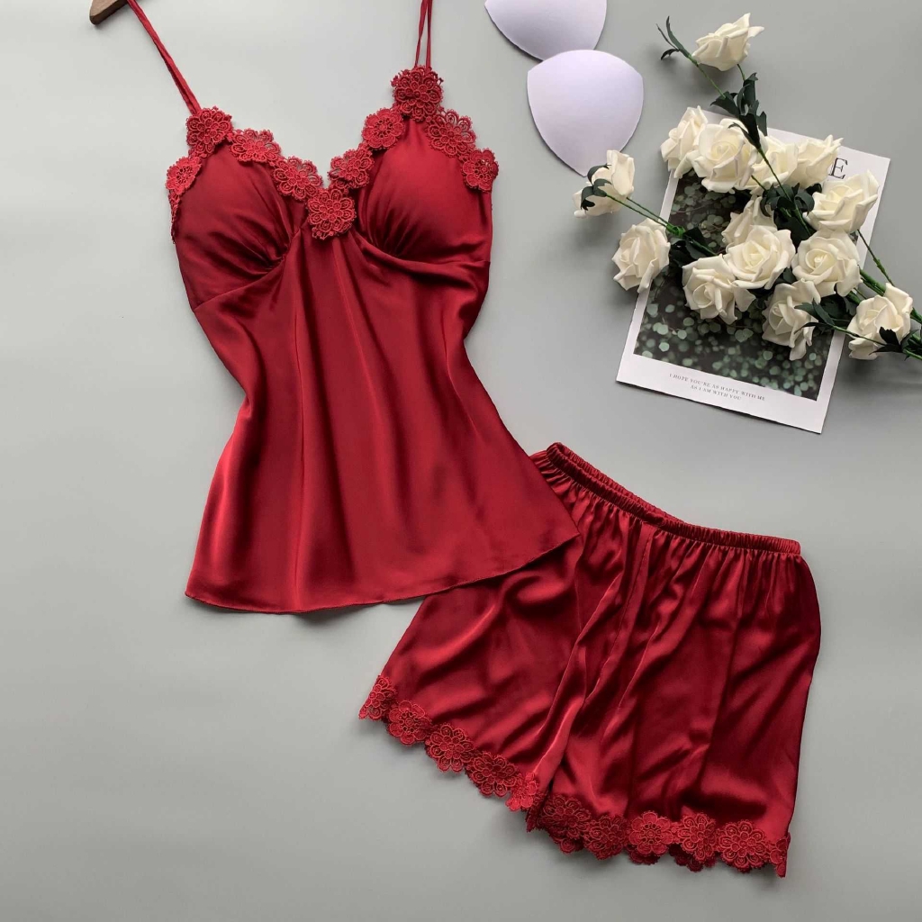 Set Đồ Ngủ Vải Lụa Viền Ren Quyến Rũ Dành Cho Nữ