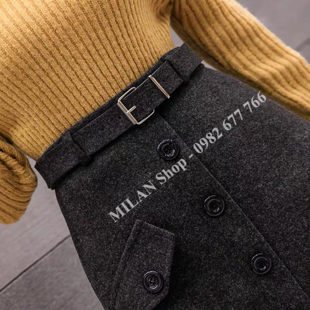 Chân váy dạ dài qua gối kèm đai hàng khuy giả túi phom rộng | BigBuy360 - bigbuy360.vn