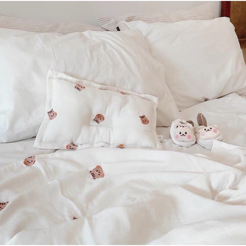 Gối Xô Chống Bẹp Đầu Organic KAMIMI Cao Cấp Thêu Gấu Style Hàn Quốc Cho Bé KT 39x25cm