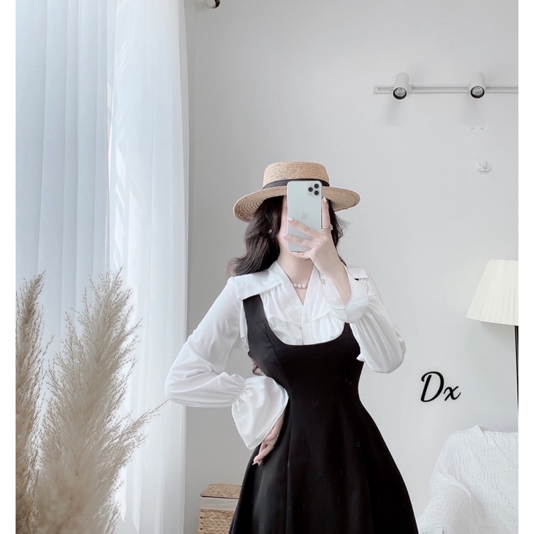 Váy yếm xoè mix sơ mi bèo tay bồng