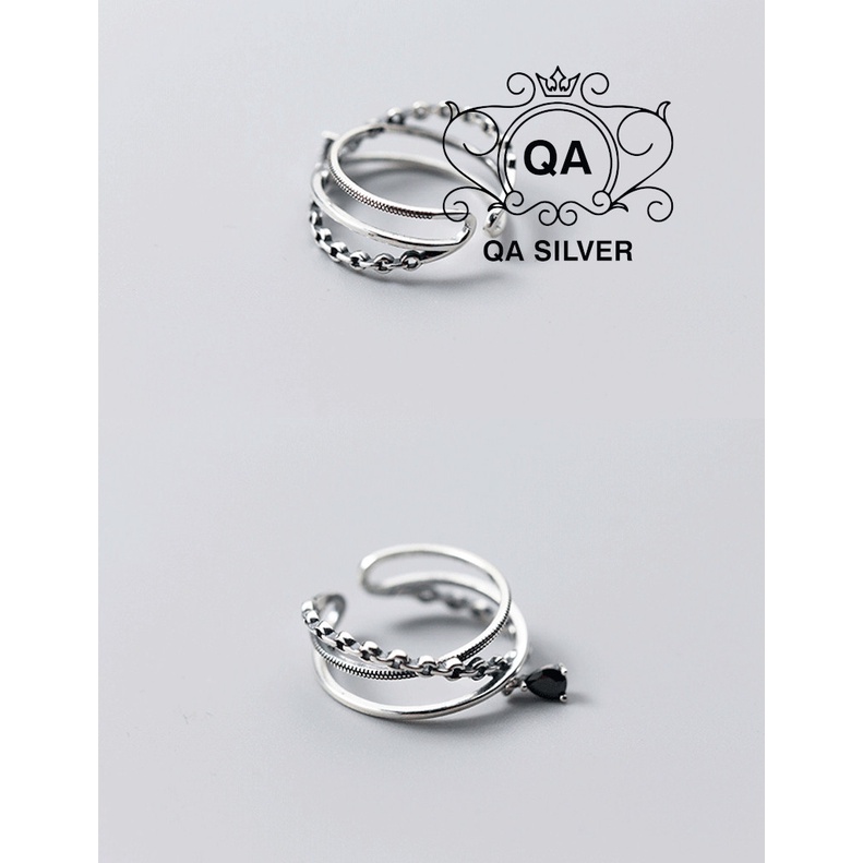 Nhẫn bạc thái nữ 2 tầng mặt đá đen nam nữ S925 LAYER Silver Ring QA SILVER RI190101