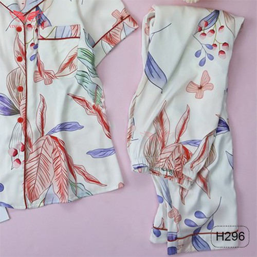 VINGO Bộ Mặc Nhà Nữ Kiểu Dáng Pijama Chất Liệu Lụa Pháp Cao Cấp Tay Cộc Quần Dài Họa Tiết Lá Đỏ Nền Trắng H296 VNGO 💖 😍
