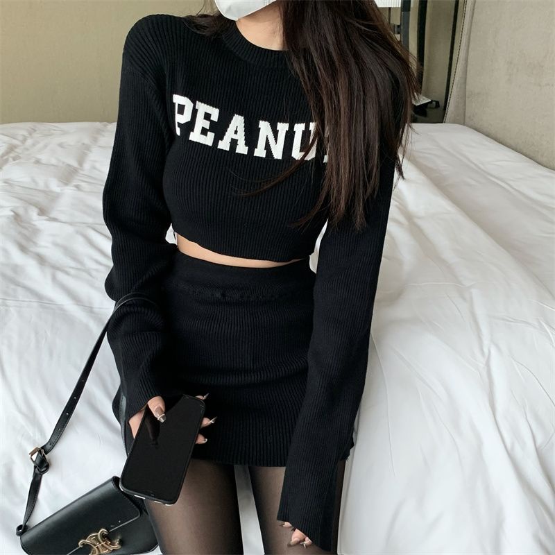 Bộ Áo Sweater Tay Dài Dáng Ôm + Chân Váy Quấn Eo Cao Thời Trang Cho Nữ