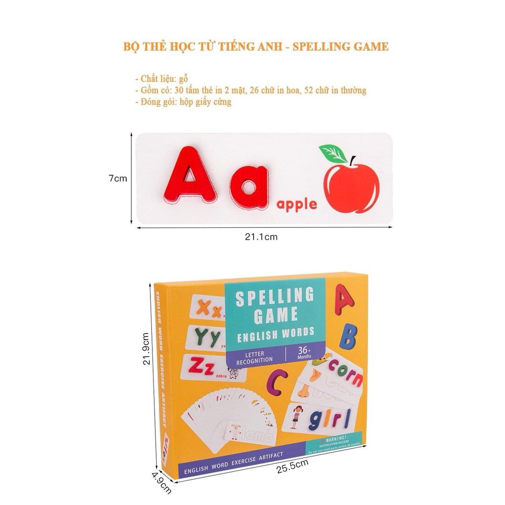 Bộ thẻ học tiếng Anh mới nhất - SPELLING GAME - học đánh vần chữ cái tiếng Anh (bộ vàng)