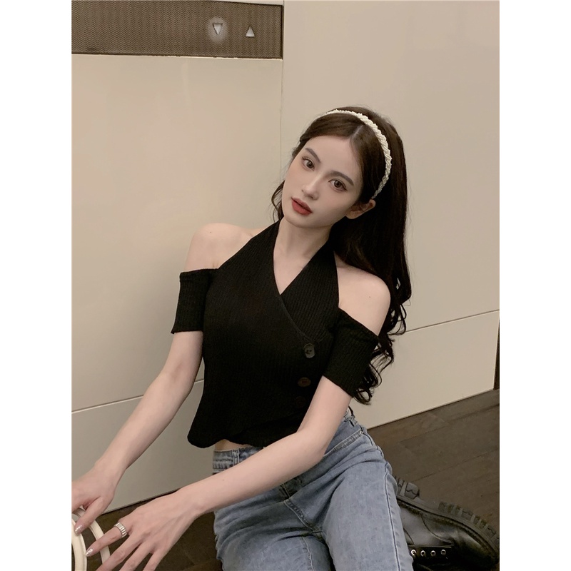 Áo dệt kim Xiaozhainv tay ngắn kiểu hở vai phong cách Hàn Quốc quyến rũ dành cho nữ