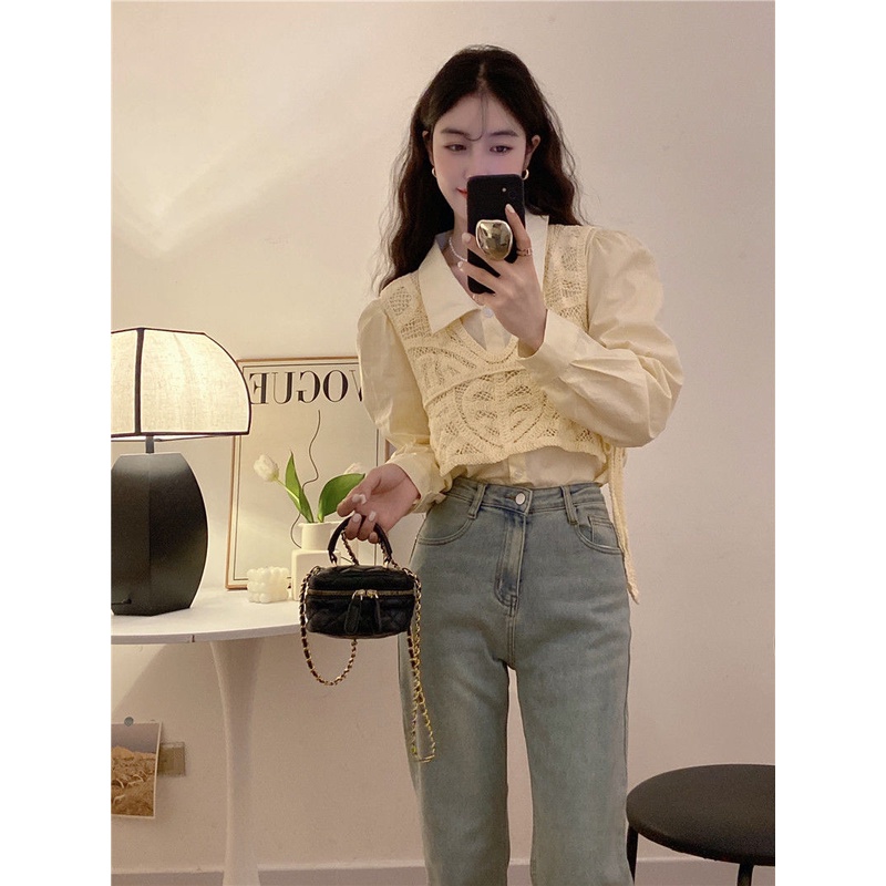 Set Áo Sơ Mi polo Tay Dài Dáng Rộng Màu Trơn Phối Áo Lưới Không Tay Thời Trang Hàn Quốc Cho Nữ