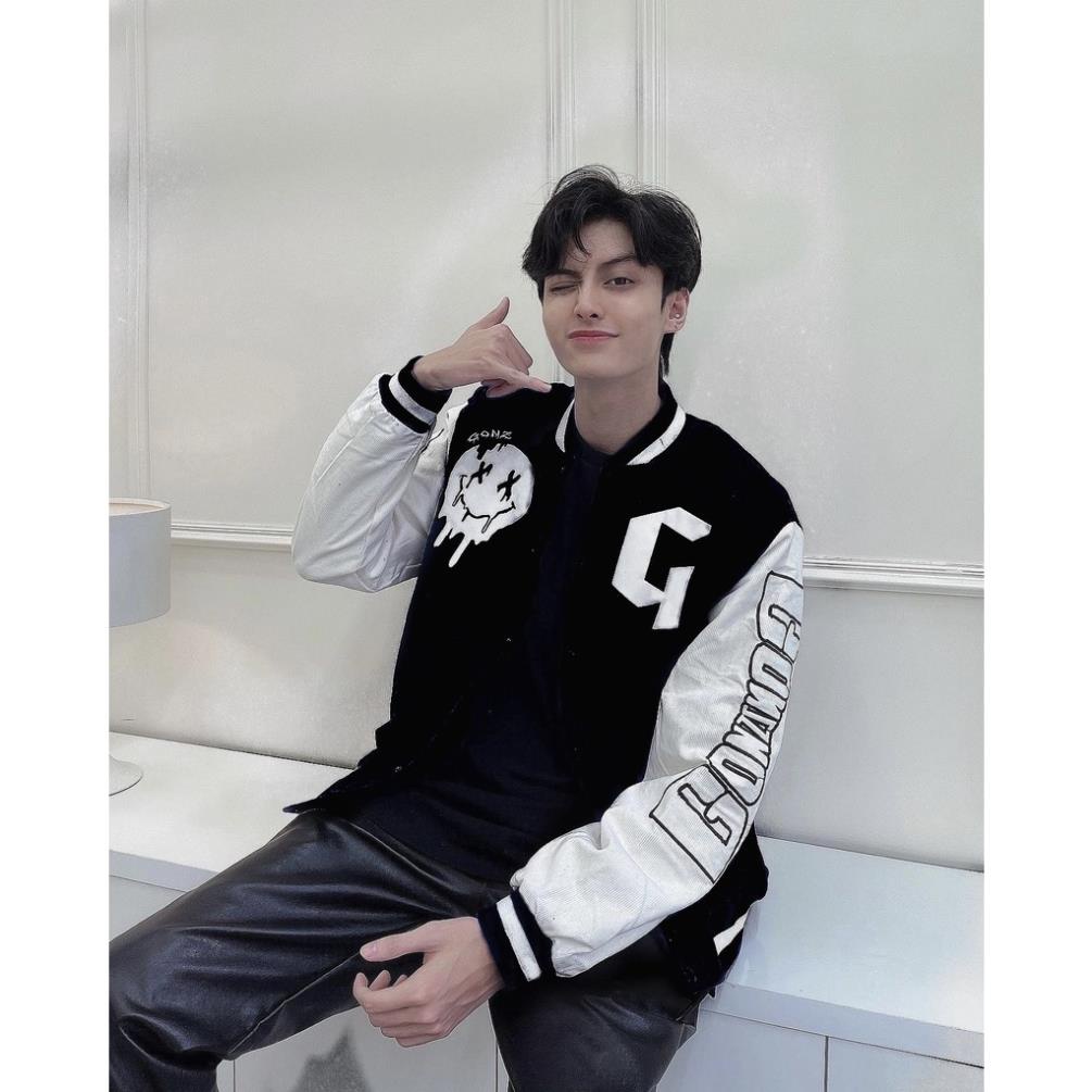 Áo khoác Bomber, Varsity jacket Gonz Black V13 nỉ nhung 2 lớp form rộng, áo bomber unisex gonz phong cách