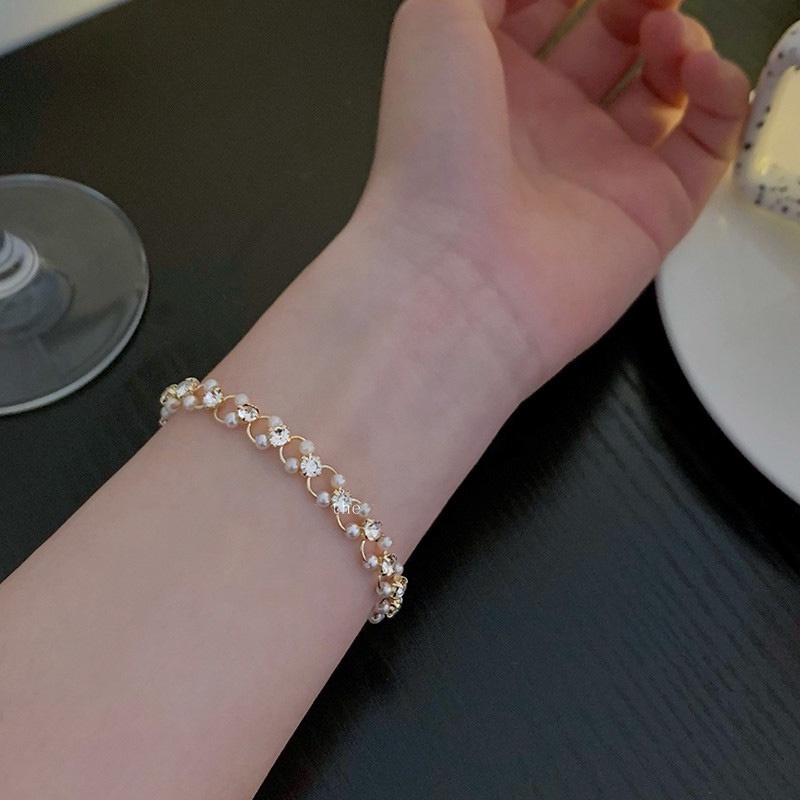 Vòng đeo tay Ahellogirl đính ngọc trai giả phong cách Pháp sang trọng dành cho nữ