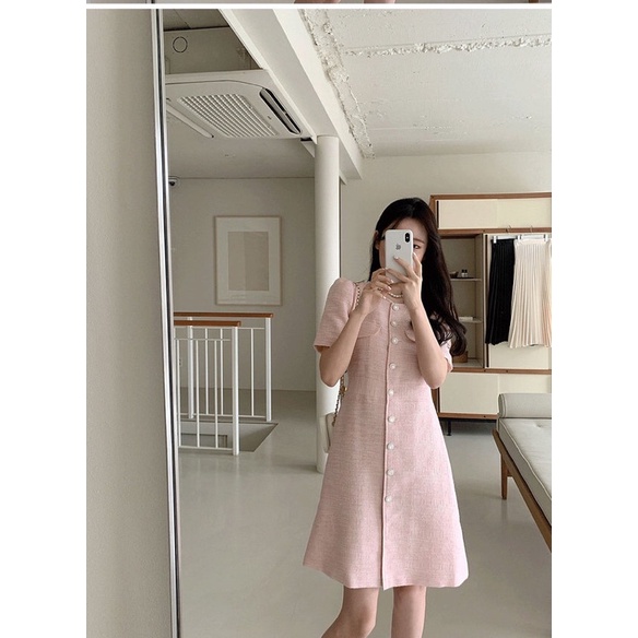 Váy dạ tweed chữ A ngắn tay cổ tròn khuy ngọc giành cho nữ