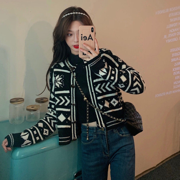 Korean sweater knitted snowflake pattern long-sleeved cardigan women's clothing