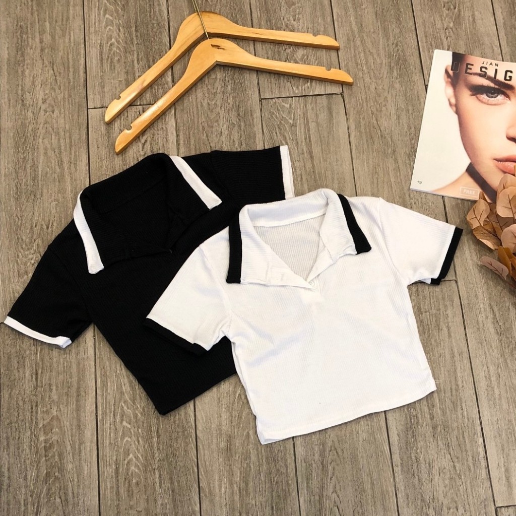 Áo Croptop Cổ Trụ Tay Ngắn Hai Màu Phối Ngược, Chất Thun Gân Dày Dặn Co Giản, Freesize 53KG Ảnh Thật | BigBuy360 - bigbuy360.vn