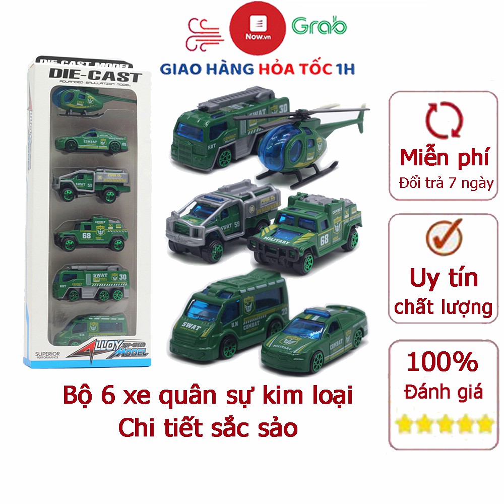 Bộ đồ chơi 6 xe quân sự màu xanh lá chất liệu hợp kim chi tiết sắc sảo