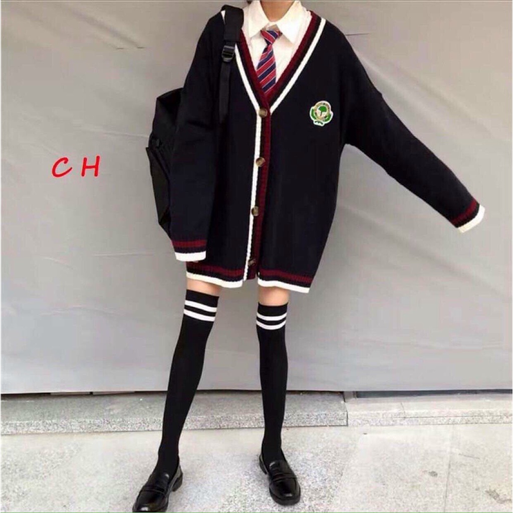 Áo cardigan chất nỉ bông phối viền đỏ dáng thụng