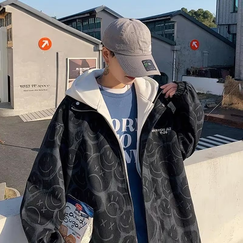 Áo Khoác Giả 2 Lớp Có Mũ Trùm Dáng Rộng Phong Cách Harajuku Thời Trang Mùa Thu Cho Nam