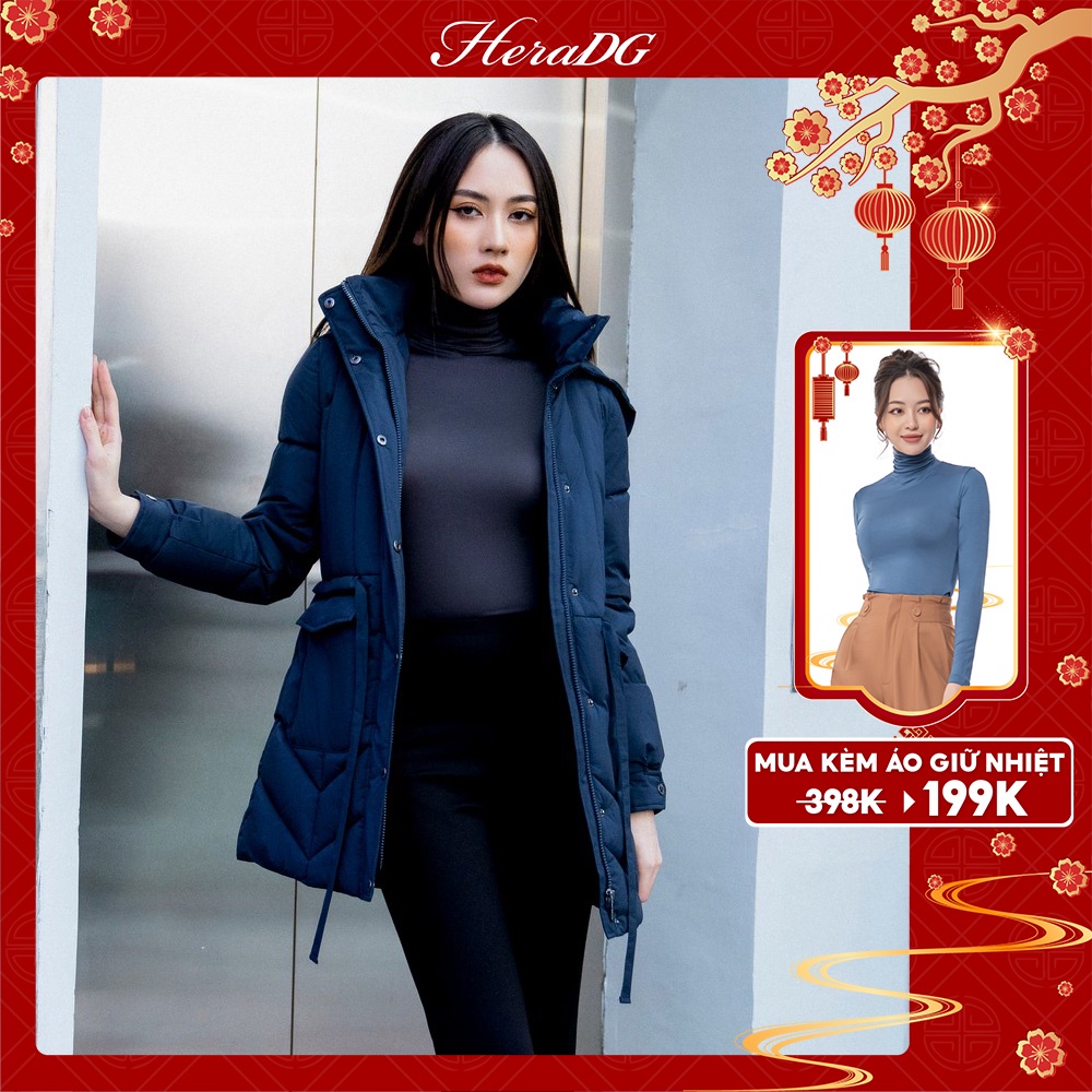 Áo Khoác Phao Nữ Dáng Lỡ HeraDG Túi Ốp Kèm Mũ Và Dây Rút Eo, Vải 3 Lớp Chống Gió Chống Nước Chống Bám Bụi WJKBA20