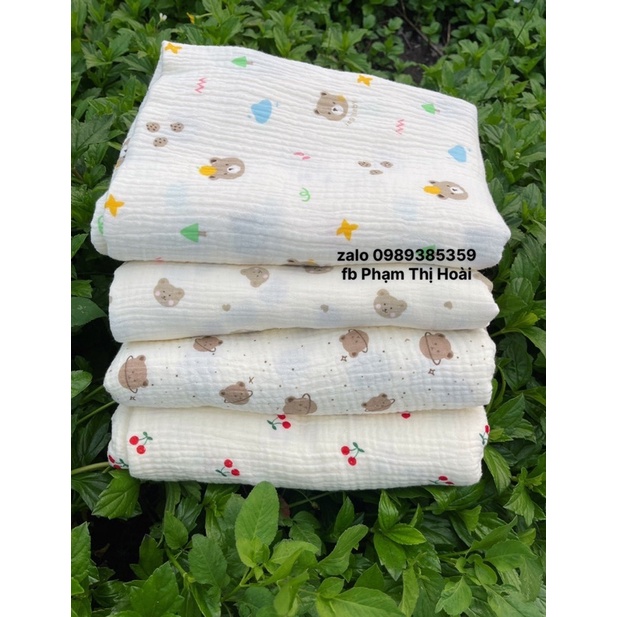 vải xô muslin cao cấp hình con gấu má hồng đáng yêu may khăn tắm,khăn sữa cho bé sơ sinh