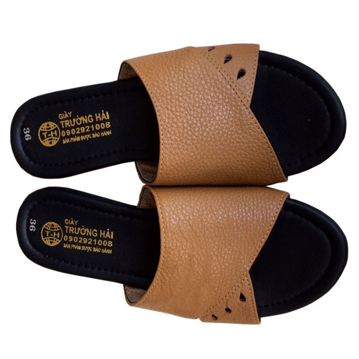 Dép nữ da bò  quai ngang Màu đen Trường Hải Đế Cao su không trơn  DN250