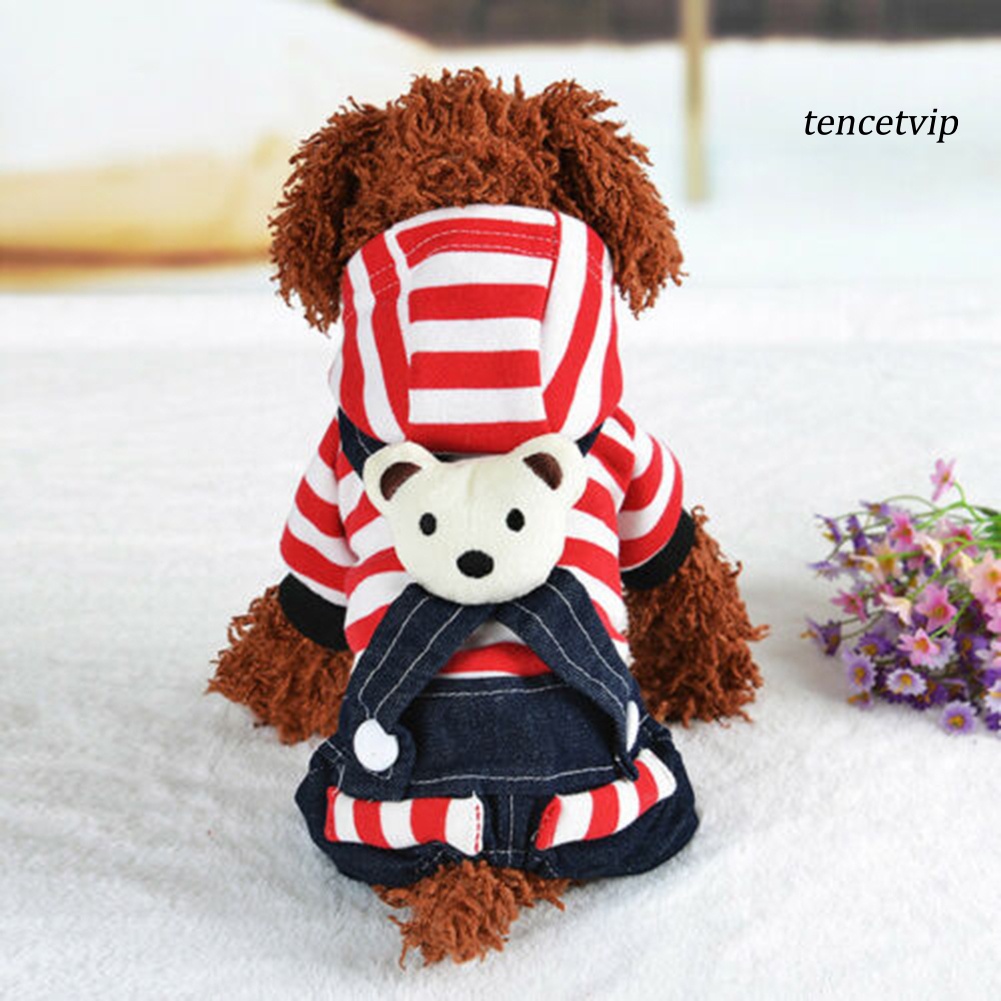 Áo liền quần có mũ trùm/Đầm cho chó cưng chất liệu denim họa tiết kẻ sọc dễ thương
