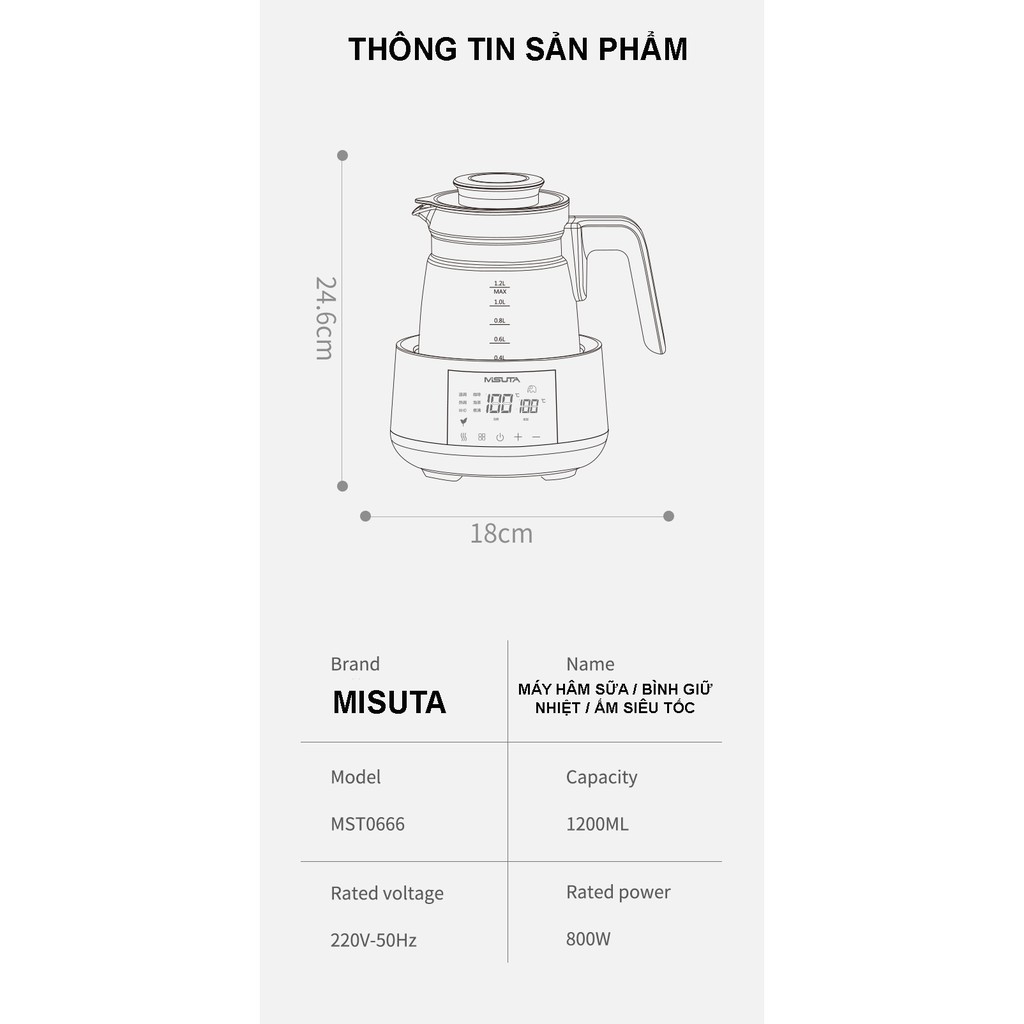 Máy Hâm Sữa Giữ Nhiệt Thông Minh, Đun Nước Siêu Tốc MISUTA Điều Chỉnh Nhiệt Độ Theo Ý Muốn, Khử Clo Trong Nước