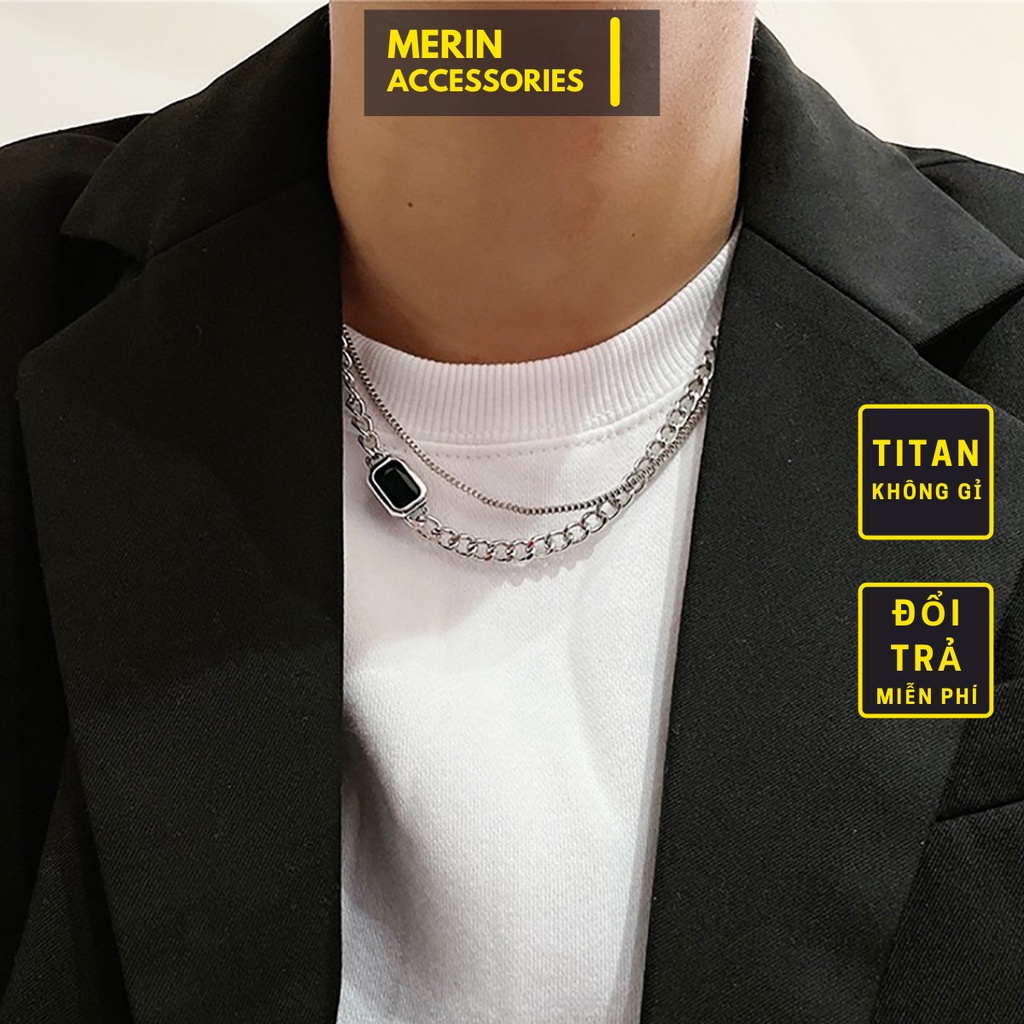 Vòng cổ Cuba Black Merin Accessories Màu Bạc Đính Đá Đen Sang Trọng - Mặt Vòng Cổ Đá Đen Thép Titan Không Gỉ -Cuba Black