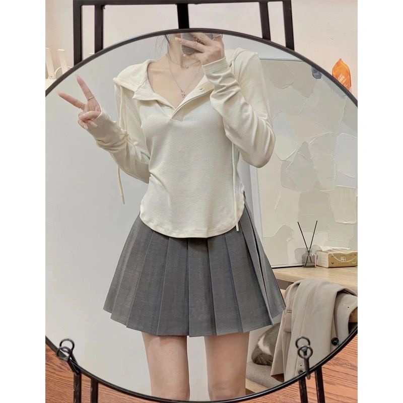 Bộ Áo Hoodie Dài Tay + Chân Váy Xếp Ly Đơn Giản Theo Phong Cách Mùa Xuân Dành Cho Nữ