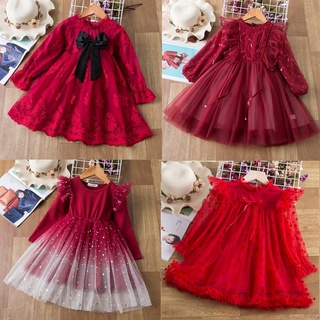 Đầm đỏ tay dài phong cách công chúa thời trang thu đông cho bé gái 3-8 tuổi mặc vào ngày sinh nhật và năm mới