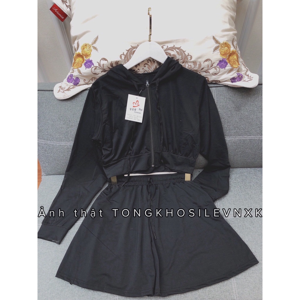 Set Áo Khoác Hoodie Dài Tay Croptop Mix Quần Short 4 Màu Đen Trắng Xanh Hồng - Set Đồ Bộ Ulzzang