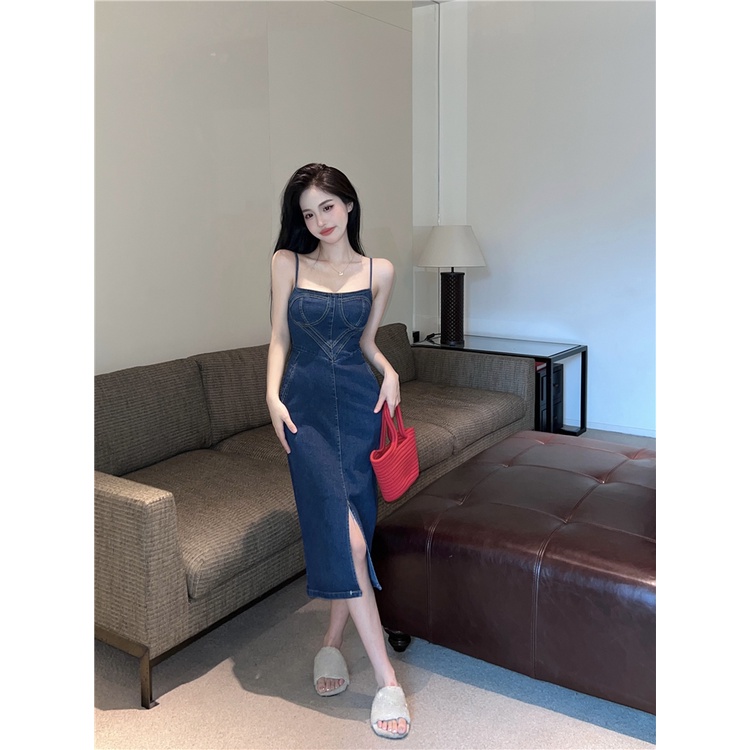 Đầm denim Hai Dây Màu Xanh Dương Phong Cách retro Quyến Rũ Thời Trang Mùa Hè