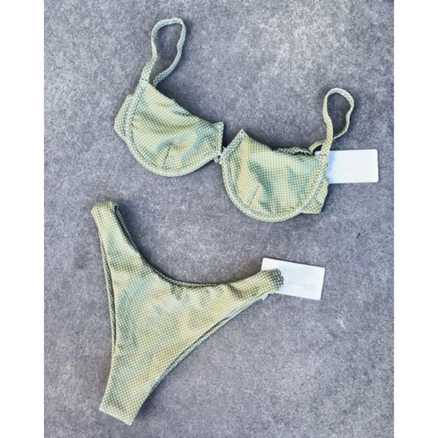 SET BIKINI CỔ V HOA NHÍ TRẮNG/XANH CHẤM BI