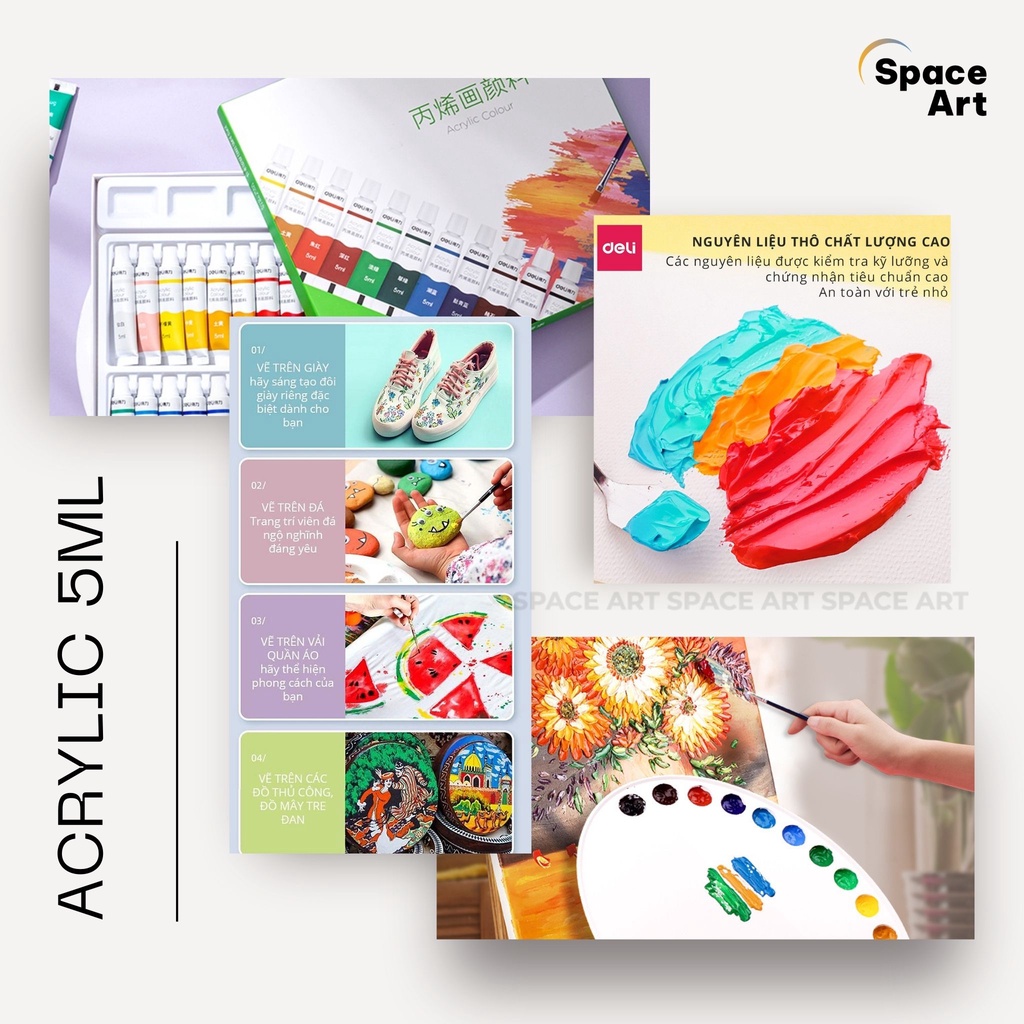 Màu Vẽ Acrylic Dạng Tuýp 5ml Chuyên Nghiệp DELI vẽ vải vẽ giày